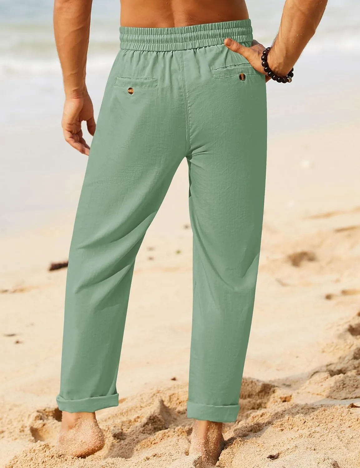 iWoo Linen Pants Men Casual 2025 Summer Beach Elastic Drawstring Waist Yoga Pants Travel Baggy Work Pant Pajama