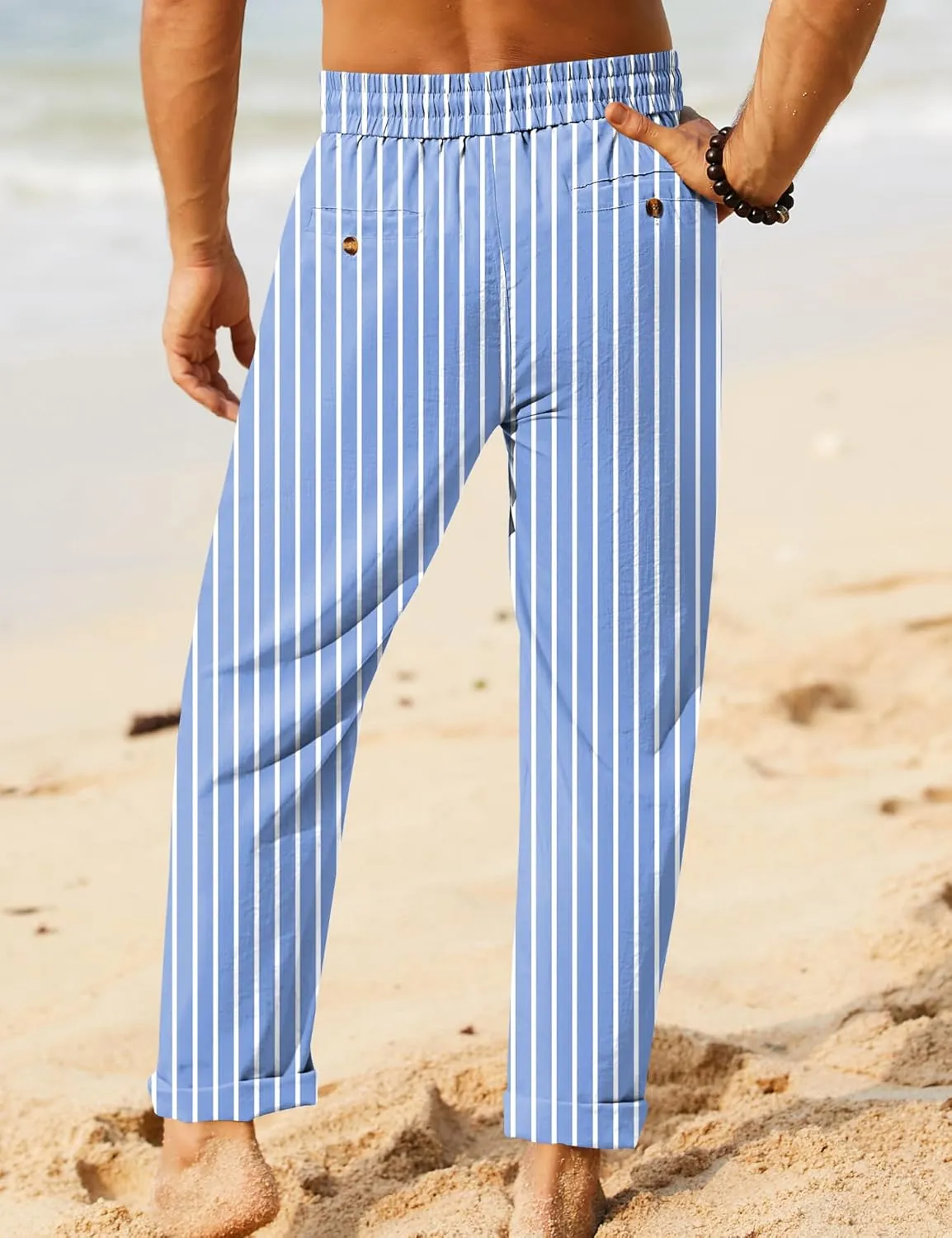 iWoo Linen Pants Men Casual 2025 Summer Beach Elastic Drawstring Waist Yoga Pants Travel Baggy Work Pant Pajama