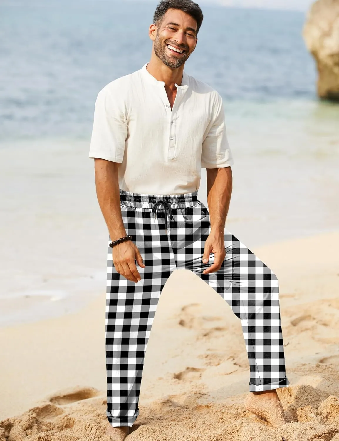 iWoo Linen Pants Men Casual 2025 Summer Beach Elastic Drawstring Waist Yoga Pants Travel Baggy Work Pant Pajama
