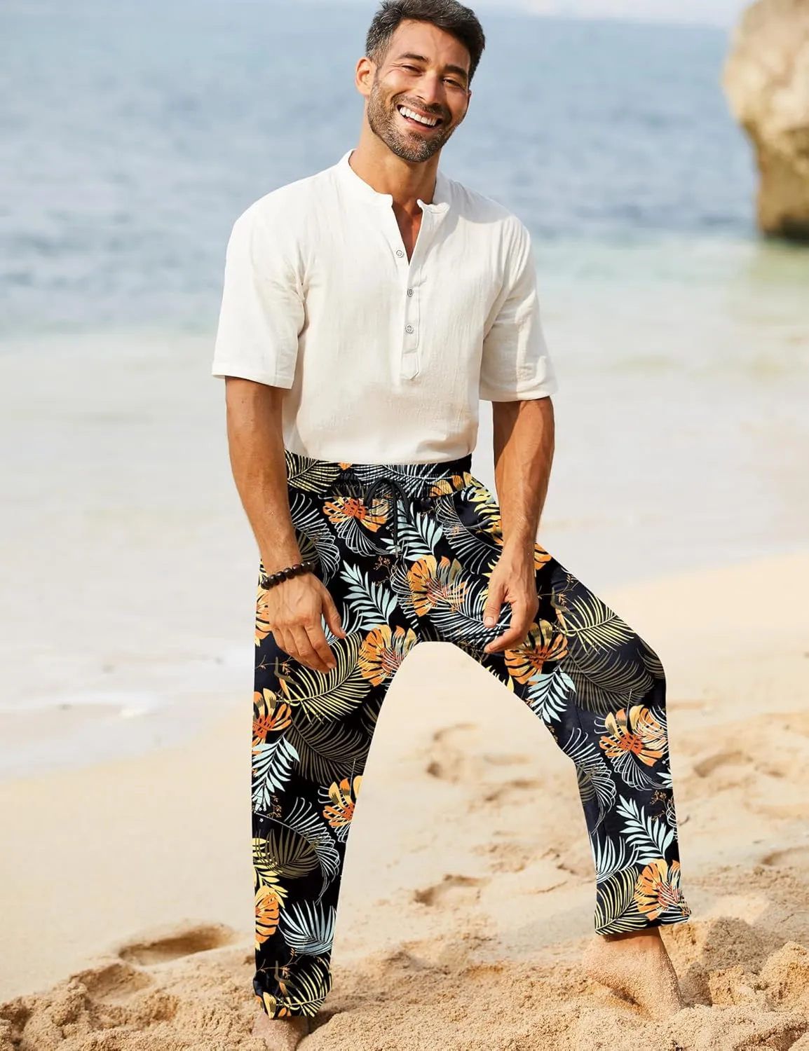 iWoo Linen Pants Men Casual 2025 Summer Beach Elastic Drawstring Waist Yoga Pants Travel Baggy Work Pant Pajama