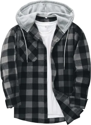 JACKETOWN Hooded Flannel Shirt for Men Plaid Shirts Long Sleeve Flannel Jacket Button-Down Shirt Jacket with Hood