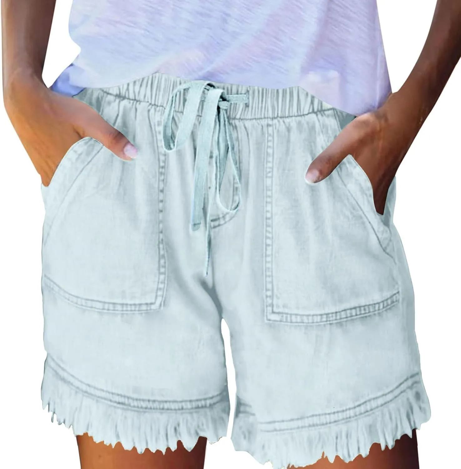 Jean Shorts Womens High Waisted Drawstring Jeans Raw Hem Pull On Denim Shorts with Pockets Summer Casual Shorts Jean