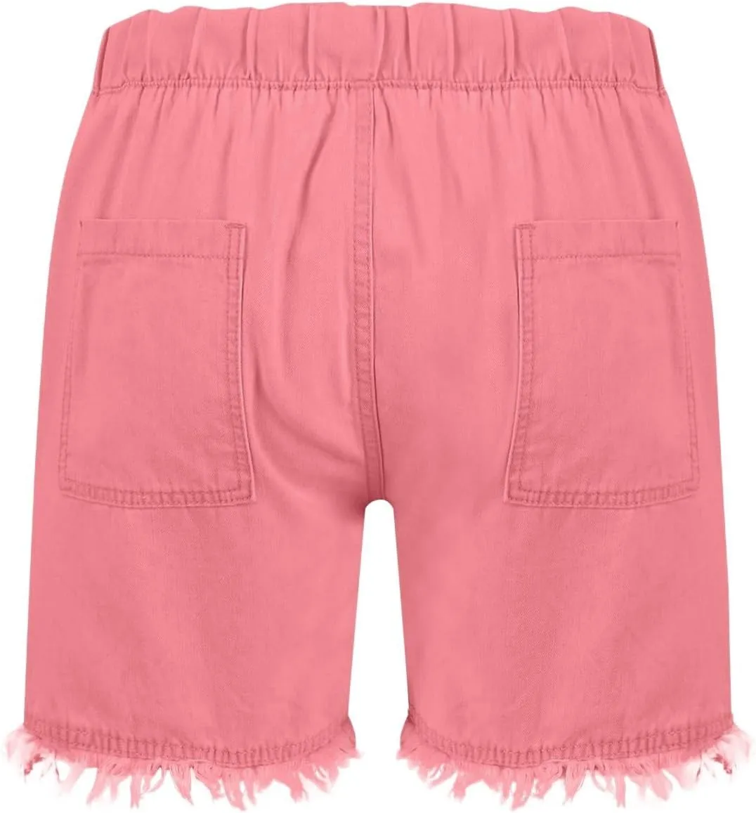 Jean Shorts Womens High Waisted Drawstring Jeans Raw Hem Pull On Denim Shorts with Pockets Summer Casual Shorts Jean