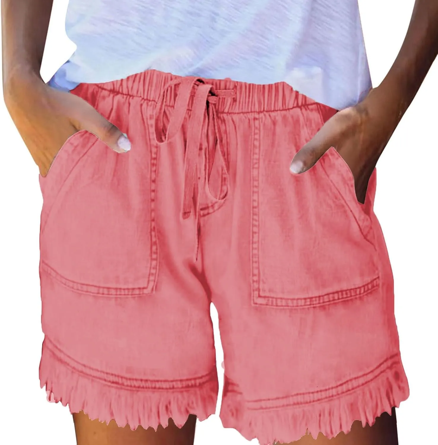 Jean Shorts Womens High Waisted Drawstring Jeans Raw Hem Pull On Denim Shorts with Pockets Summer Casual Shorts Jean