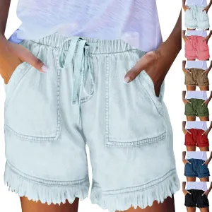 Jean Shorts Womens High Waisted Drawstring Jeans Raw Hem Pull On Denim Shorts with Pockets Summer Casual Shorts Jean