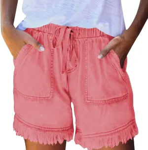 Jean Shorts Womens High Waisted Drawstring Jeans Raw Hem Pull On Denim Shorts with Pockets Summer Casual Shorts Jean