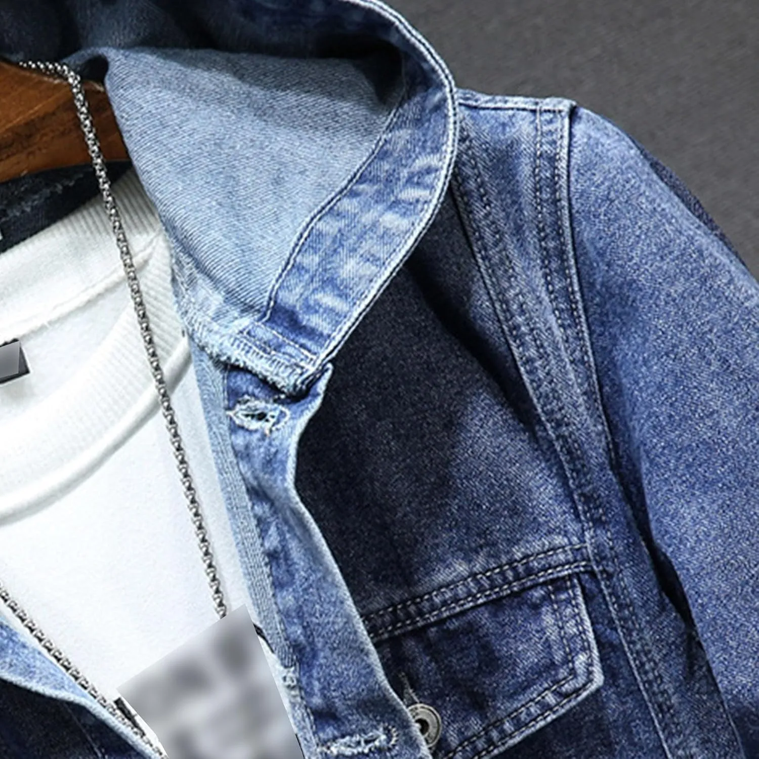 JEKE-DG Men's Distressed Denim Hoodie Jacket Casual Slim Fit Button Down Jeans Coat Long Sleeve Trucker Outwear