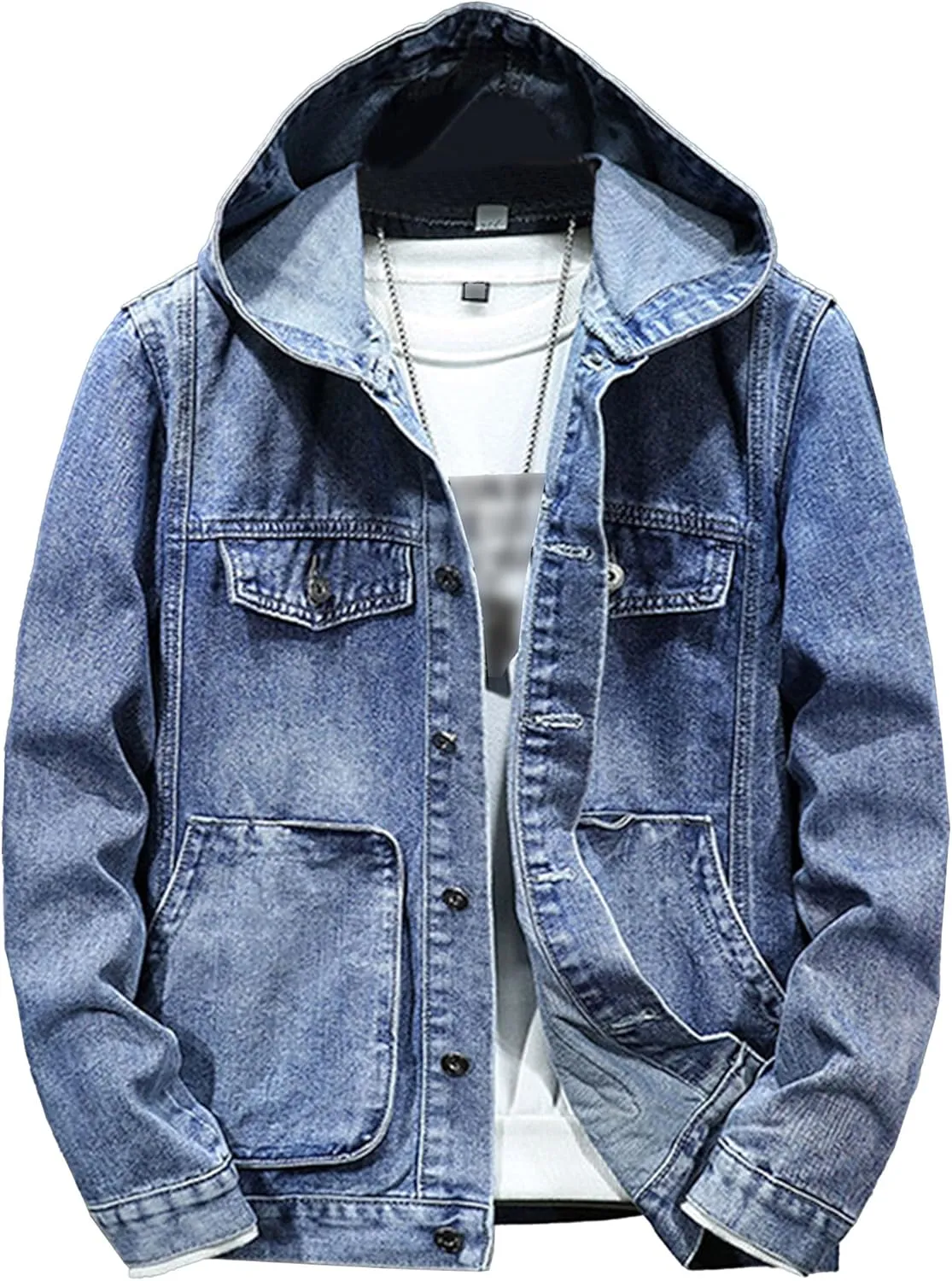 JEKE-DG Men's Distressed Denim Hoodie Jacket Casual Slim Fit Button Down Jeans Coat Long Sleeve Trucker Outwear