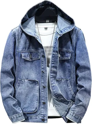 JEKE-DG Men's Distressed Denim Hoodie Jacket Casual Slim Fit Button Down Jeans Coat Long Sleeve Trucker Outwear