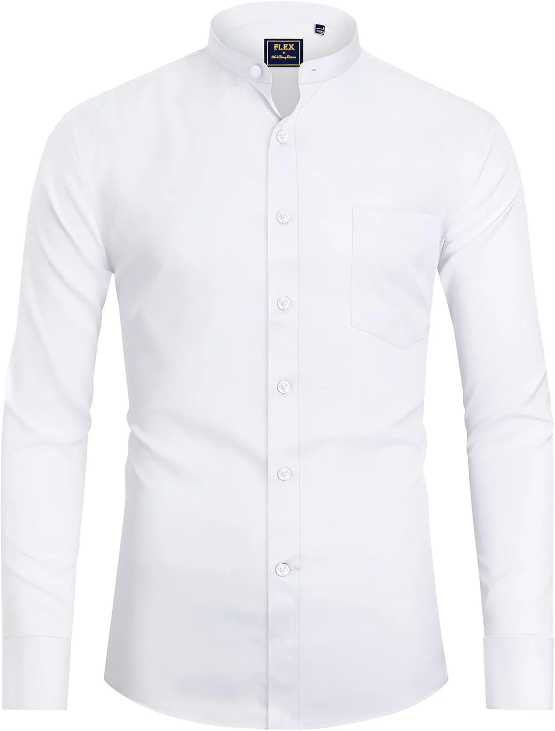 J.VER Mens Banded Collar Dress Shirts Long Sleeve Button Down Mandarin Collar Shirt Solid Stretch Shirt with Pocket
