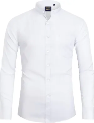 J.VER Mens Banded Collar Dress Shirts Long Sleeve Button Down Mandarin Collar Shirt Solid Stretch Shirt with Pocket