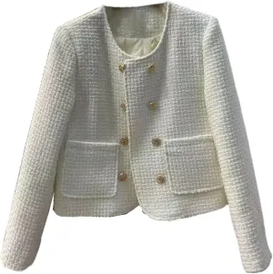 JYHBHMZG Winter Tweed Thick Round Neck Jackets Coat Casual Warm Women Double Breasted Cotton Padded Lined