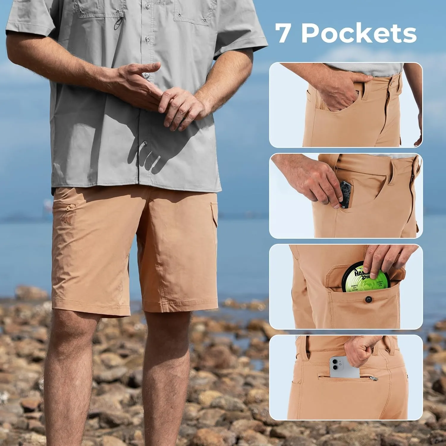 KastKing Men's Fishing Shorts, Hiking Shorts Quick Dry Comfortable UPF 50 , 7 Pockets, Shorts for Men, 10.5" Inseam