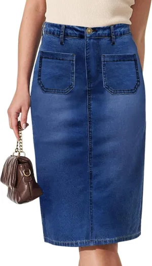 KDF Women's High Waisted Denim Skirt Long Pencil Front Patch Pocket Jean Skirt 2024 Denim Dress