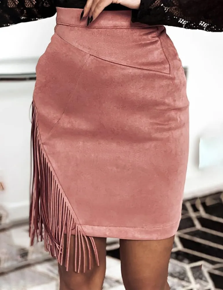 Kinghua Women's Suede Fringe Skirt High Waisted Bodycon Pencil Mini Skirt
