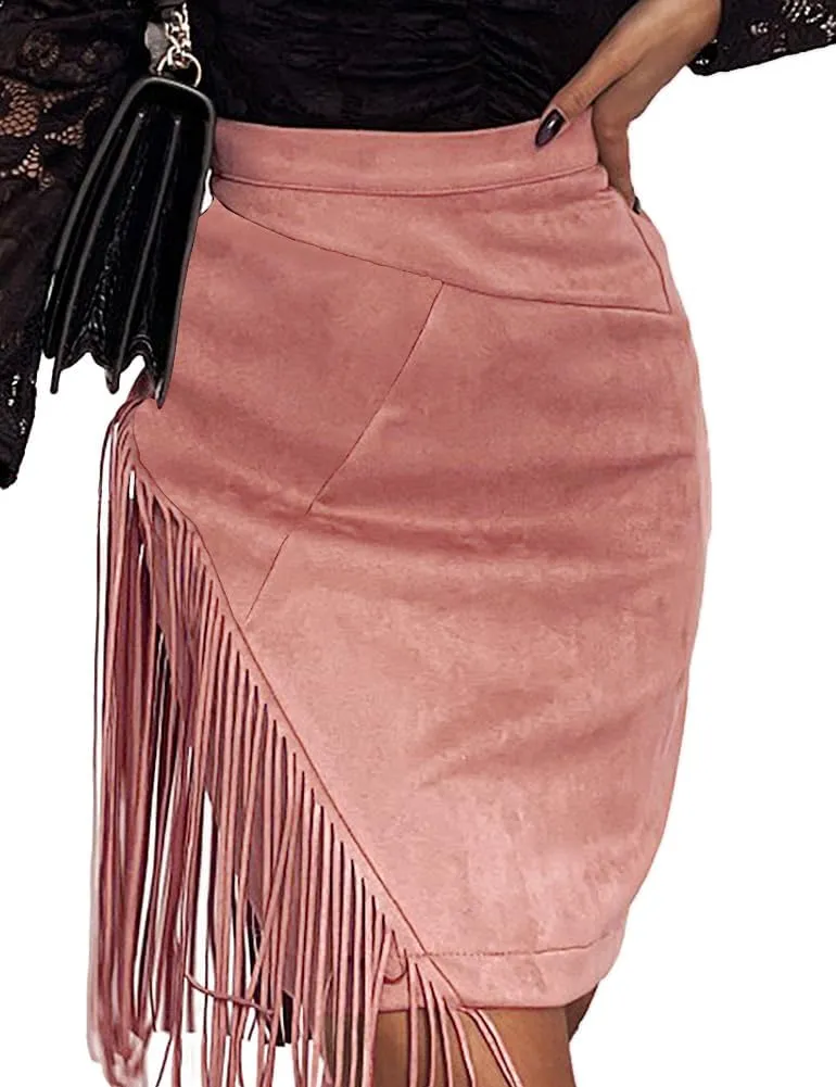 Kinghua Women's Suede Fringe Skirt High Waisted Bodycon Pencil Mini Skirt