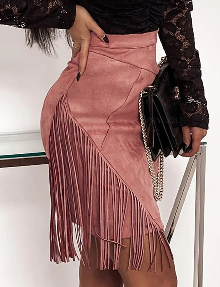 Kinghua Women's Suede Fringe Skirt High Waisted Bodycon Pencil Mini Skirt
