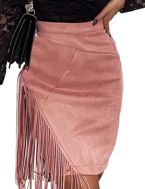 Kinghua Women's Suede Fringe Skirt High Waisted Bodycon Pencil Mini Skirt