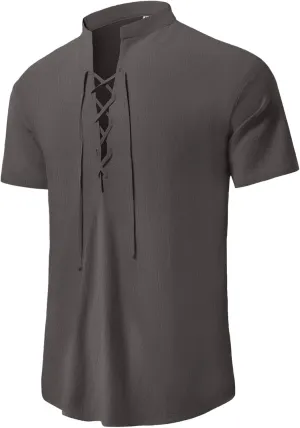 KUYIGO Men's Cotton Linen Shirt Pirate Vintage Short Sleeve Lace Up Renaissance Costume Beach Top