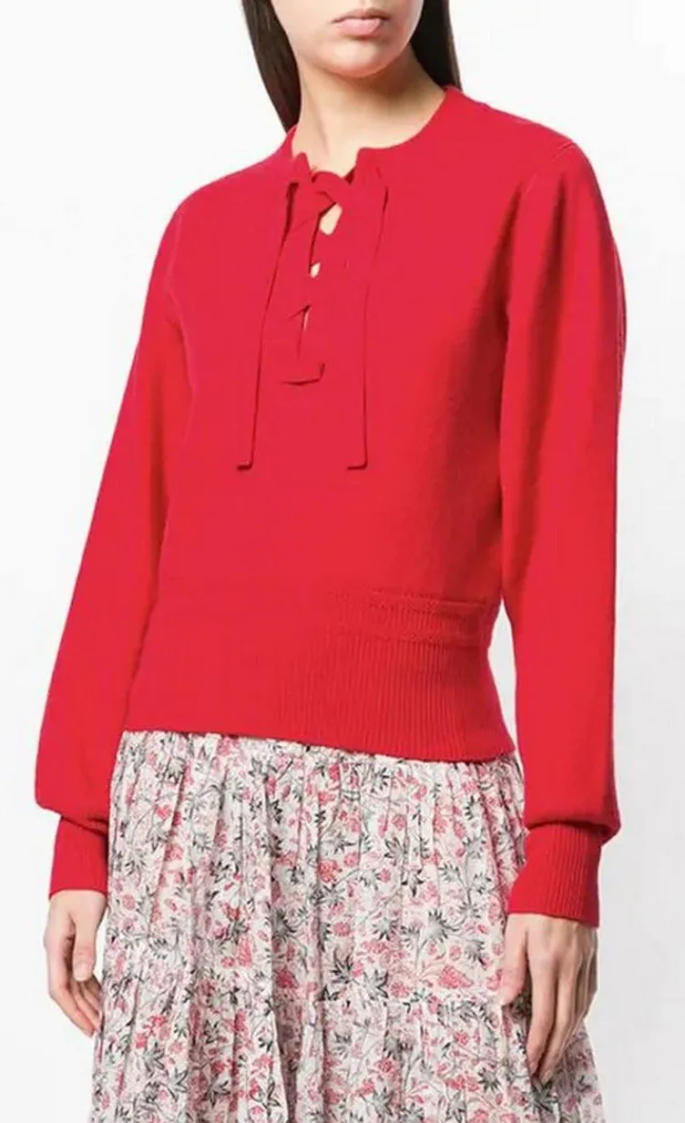 Lace-Up Long Sleeve Sweater, Red