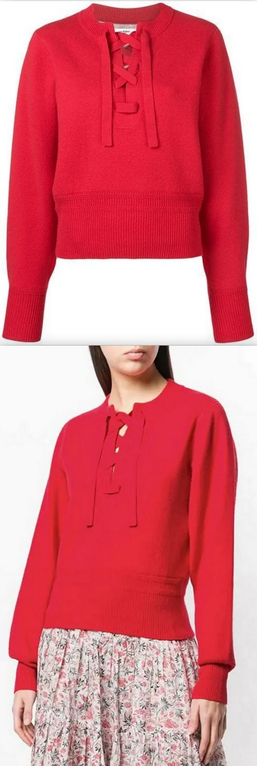 Lace-Up Long Sleeve Sweater, Red