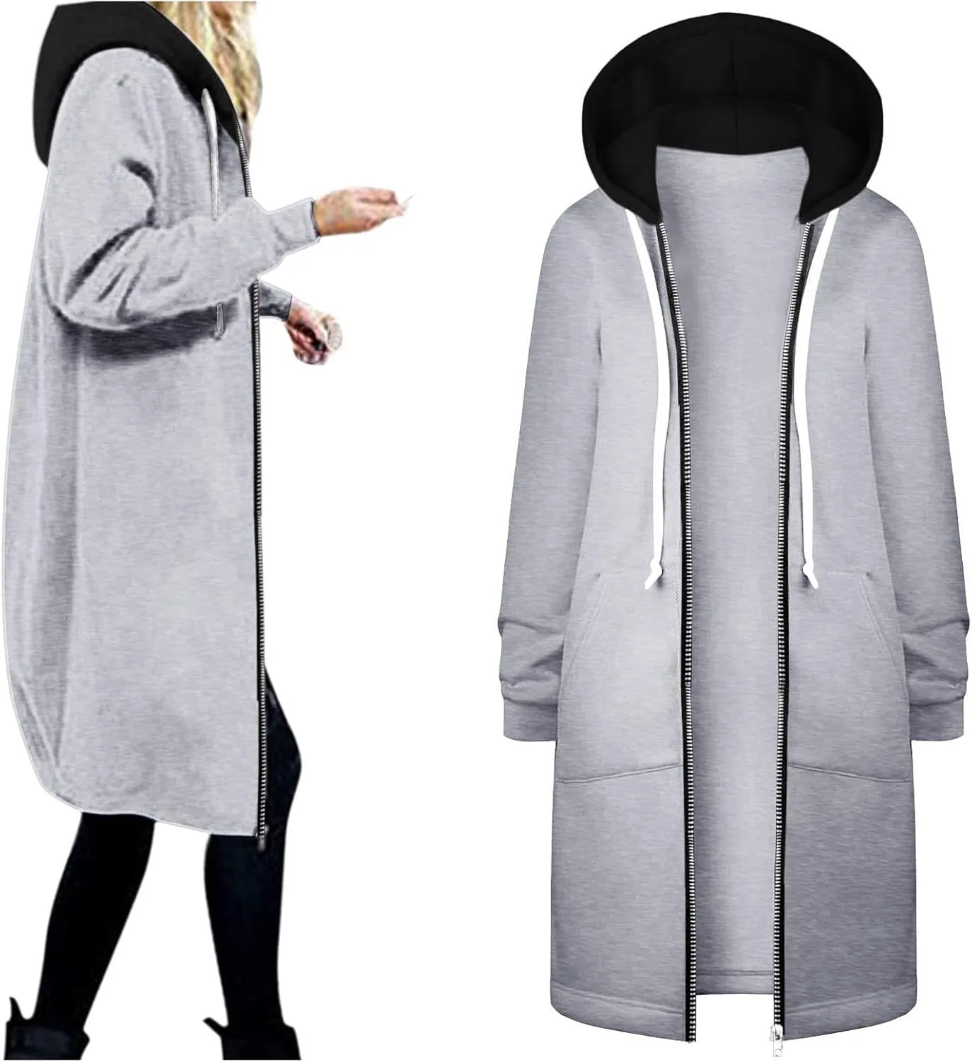 Lapel Collar Zipper Hoodies Sweatshirt Warm Long Solid Color Pocket Coat Jacket Causal Fashion Single-Breasted