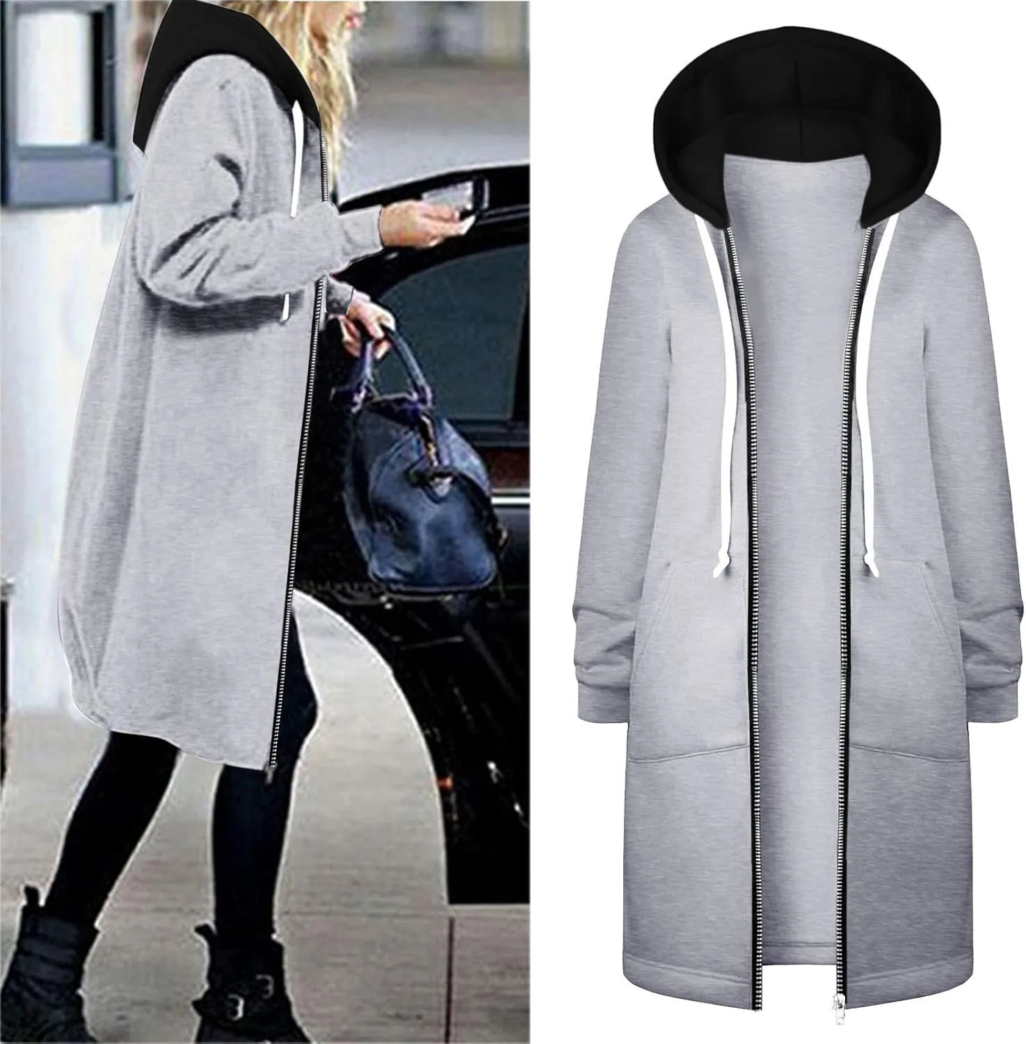 Lapel Collar Zipper Hoodies Sweatshirt Warm Long Solid Color Pocket Coat Jacket Causal Fashion Single-Breasted