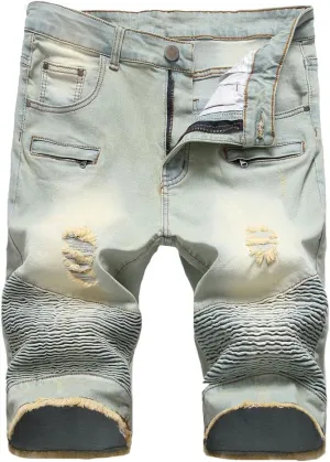 Lavnis Men's Casual Denim Shorts Classic Fit Ripped Jeans Biker Shorts