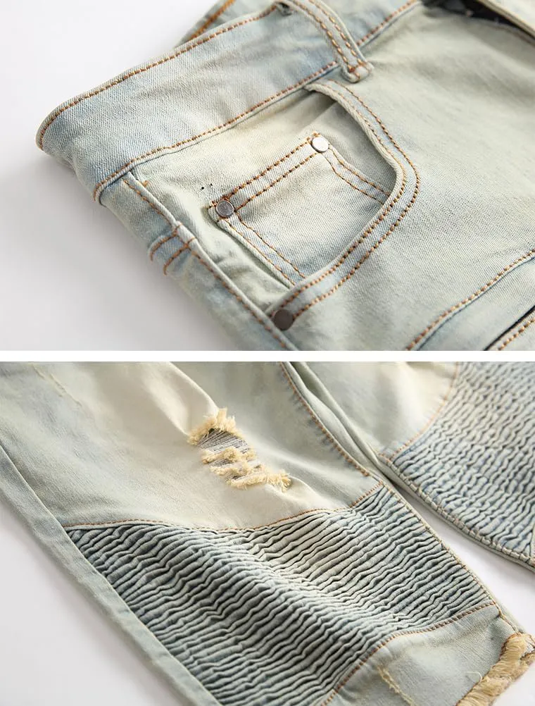 Lavnis Men's Casual Denim Shorts Classic Fit Ripped Jeans Biker Shorts