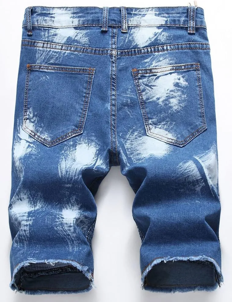 Lavnis Men's Casual Denim Shorts Classic Fit Ripped Jeans Biker Shorts
