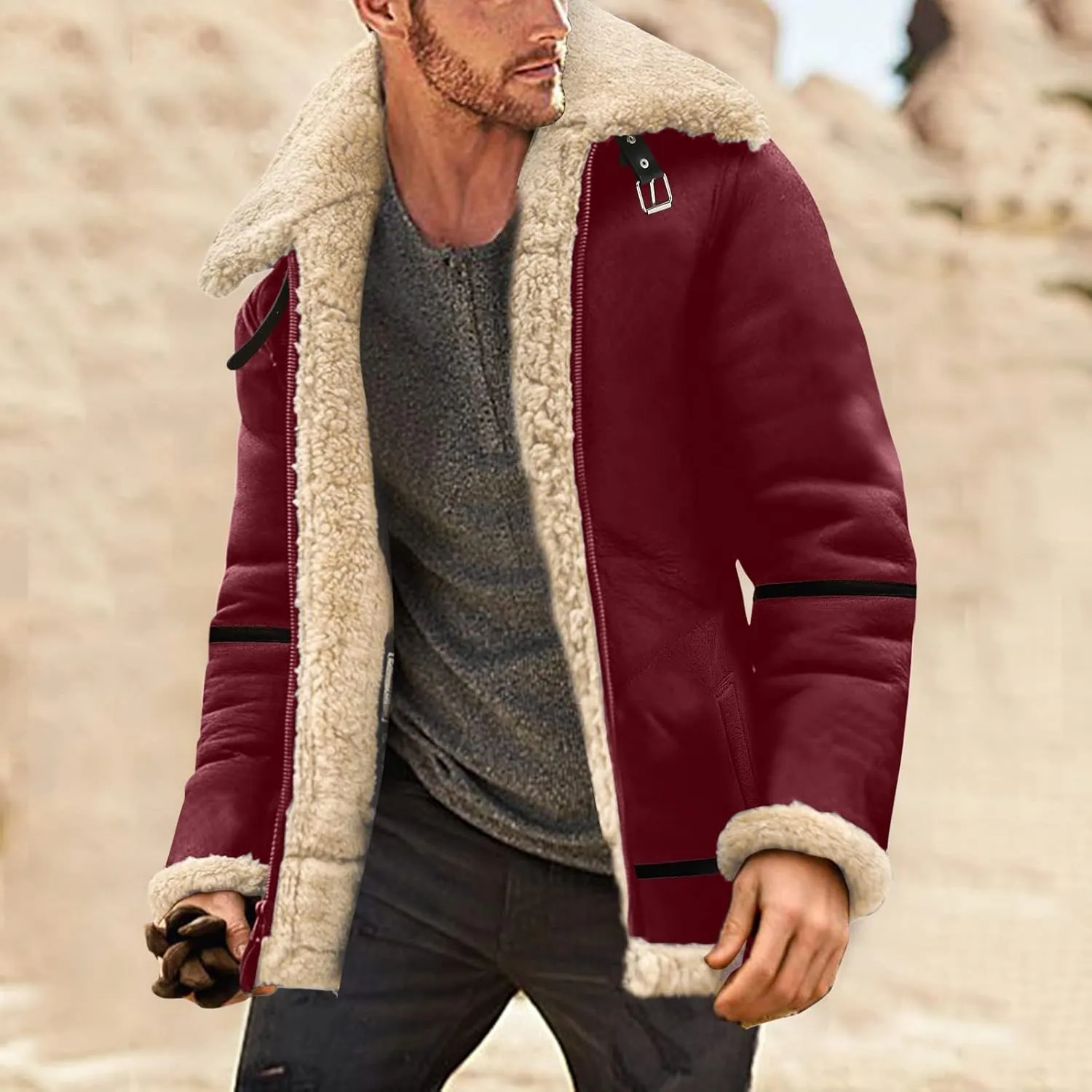 LCMTWX Men's Winter Thickened Warm Coats Solid Color Lapel Long Sleeve Coat Cardigan Plush Long Coat Mens Winter Coats