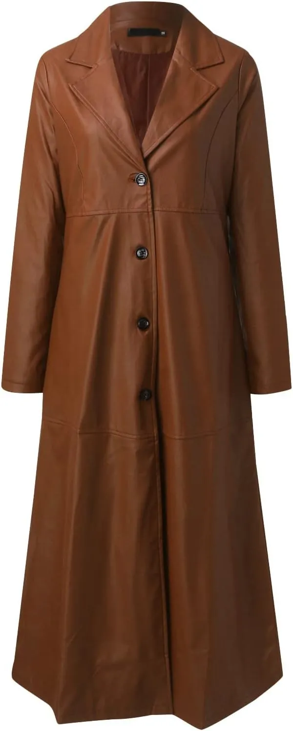 Leather Trench Coat Women's Large Size Single Breasted Pea Coat Notch Collar Long Coat 2024 Winter Jacket