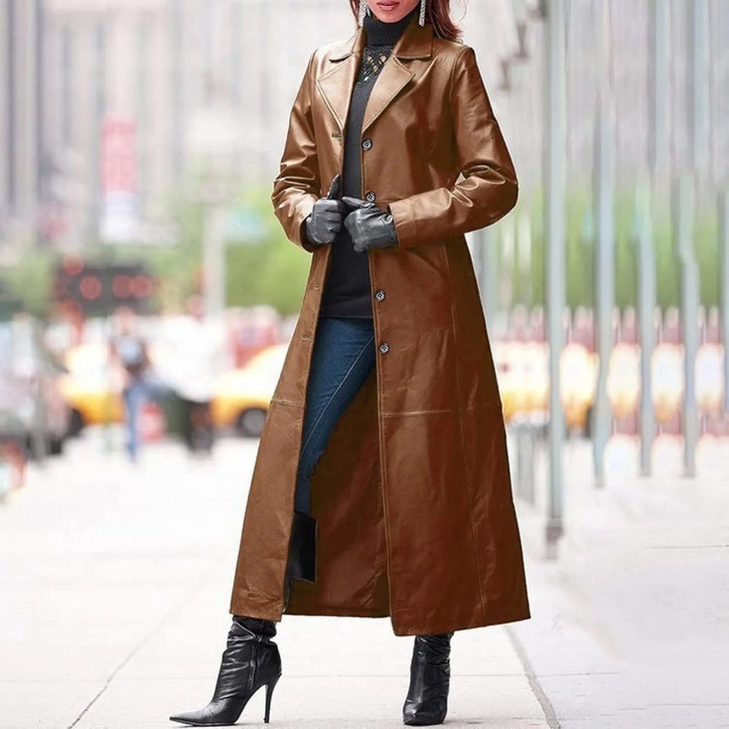 Leather Trench Coat Women's Large Size Single Breasted Pea Coat Notch Collar Long Coat 2024 Winter Jacket