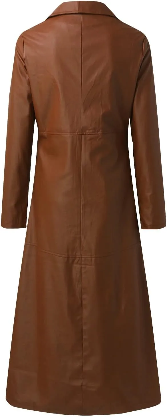 Leather Trench Coat Women's Large Size Single Breasted Pea Coat Notch Collar Long Coat 2024 Winter Jacket