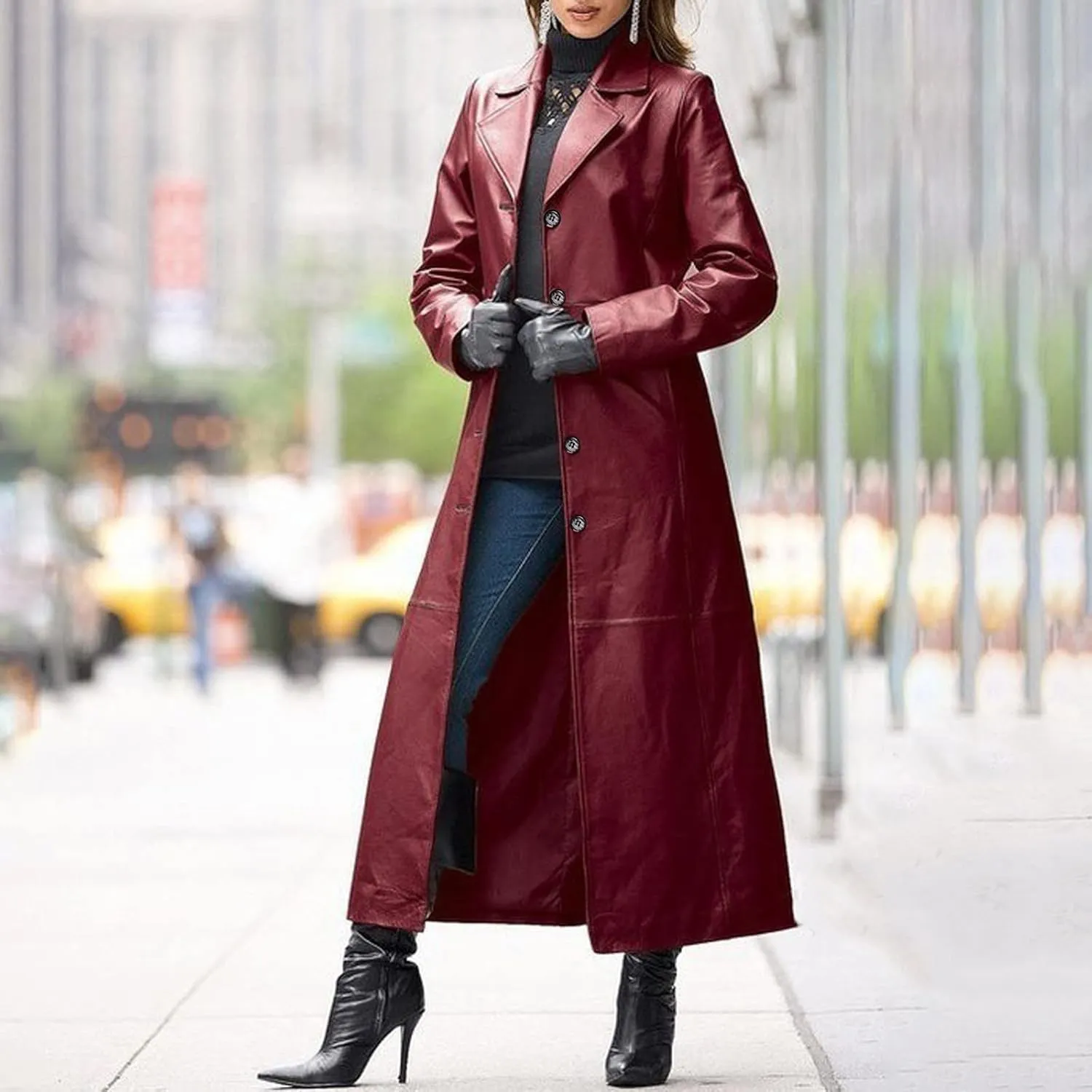 Leather Trench Coat Women's Large Size Single Breasted Pea Coat Notch Collar Long Coat 2024 Winter Jacket