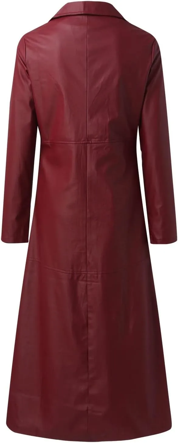 Leather Trench Coat Women's Large Size Single Breasted Pea Coat Notch Collar Long Coat 2024 Winter Jacket