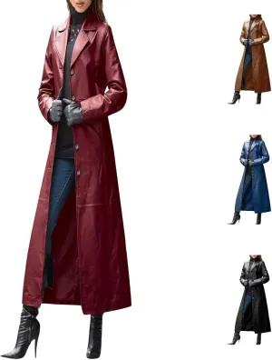 Leather Trench Coat Women's Large Size Single Breasted Pea Coat Notch Collar Long Coat 2024 Winter Jacket