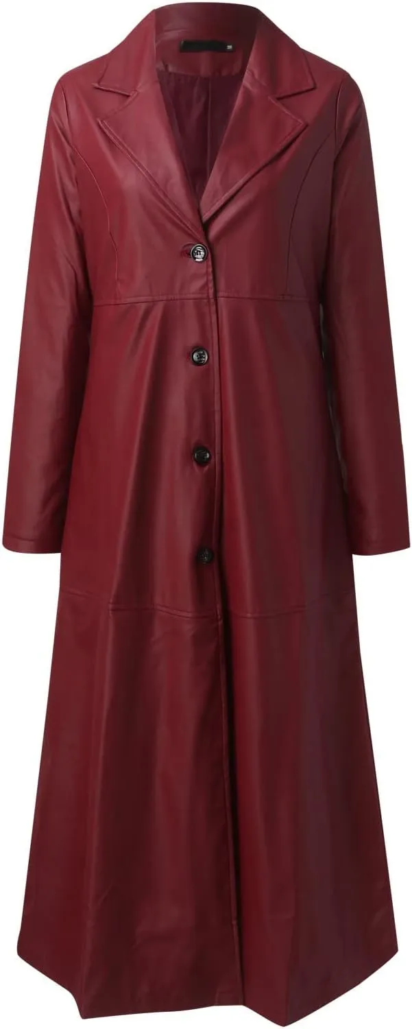 Leather Trench Coat Women's Large Size Single Breasted Pea Coat Notch Collar Long Coat 2024 Winter Jacket