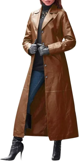 Leather Trench Coat Women's Large Size Single Breasted Pea Coat Notch Collar Long Coat 2024 Winter Jacket