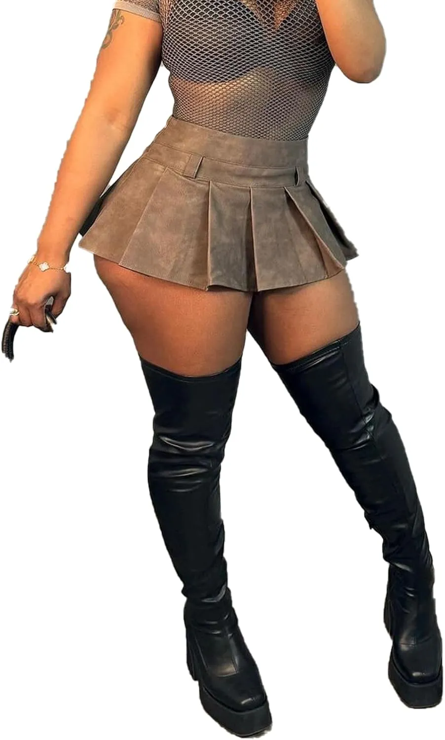LETSVDO Women's Leather Skirt Mini Pleated High Waisted Y2k A Line Flare Skater Short Skirts