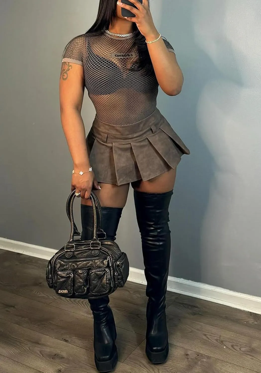 LETSVDO Women's Leather Skirt Mini Pleated High Waisted Y2k A Line Flare Skater Short Skirts