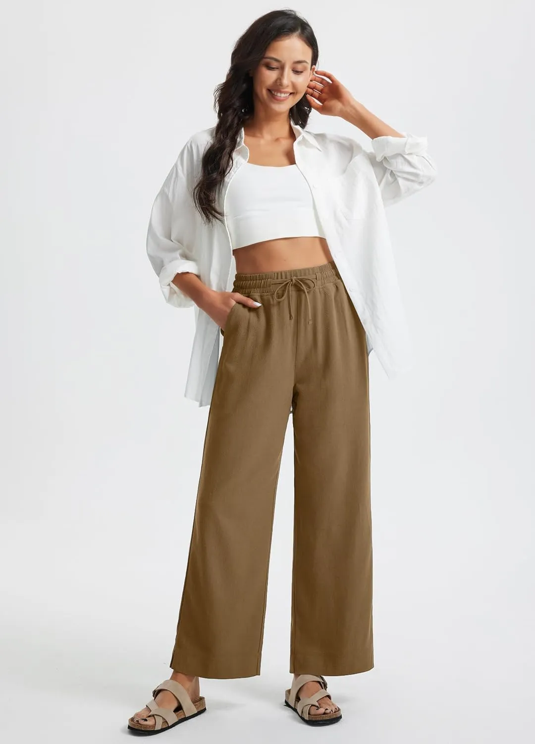 Libin Linen Pants Women Wide Leg Casual Beach Pants Cotton Linen Summer Lounge Pants Travel Work Trousers with Pockets