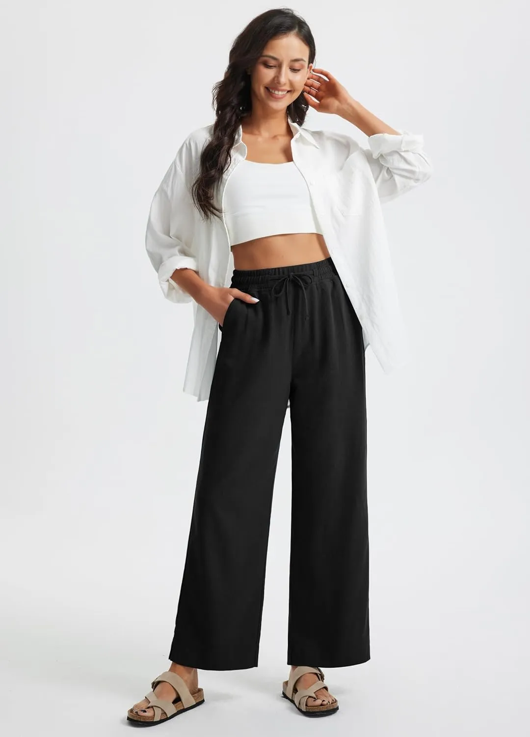 Libin Linen Pants Women Wide Leg Casual Beach Pants Cotton Linen Summer Lounge Pants Travel Work Trousers with Pockets