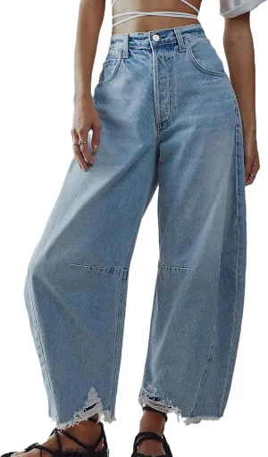 LifeShe Barrel Jeans for Women Mid Rise Wide Leg Denim Pants Baggy Boyfriend Raw Hem Trousers