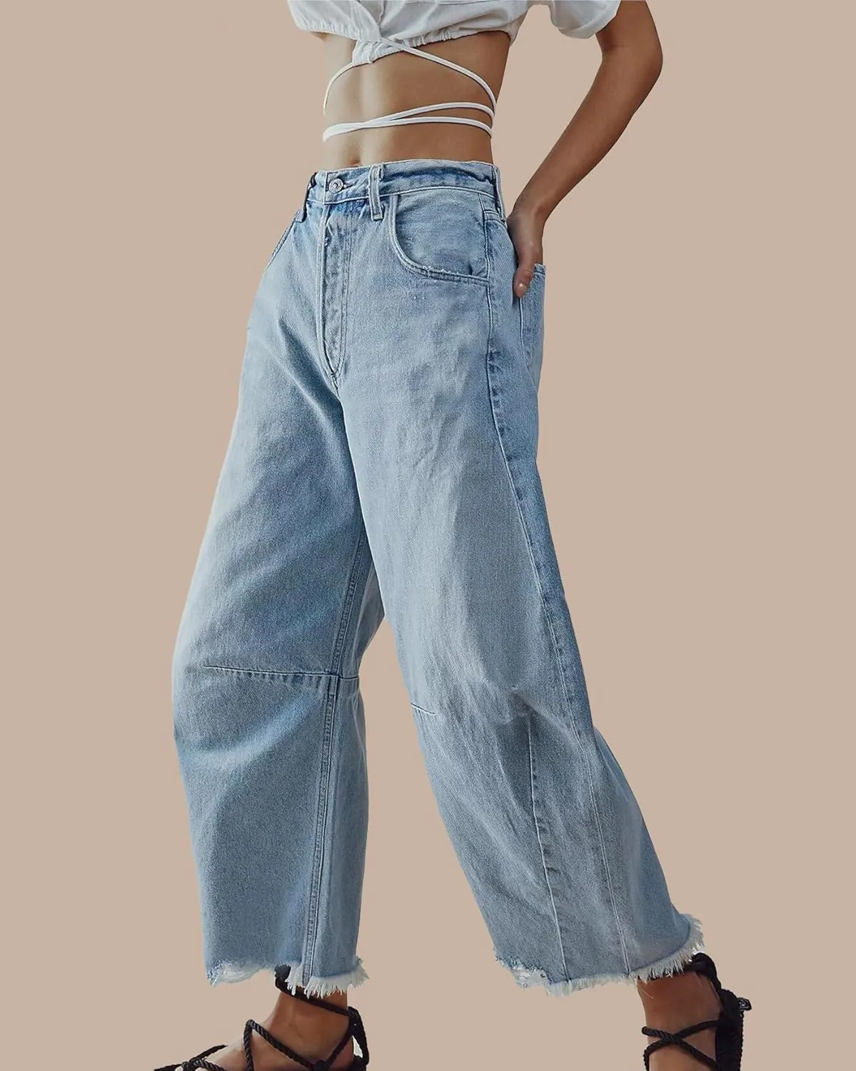 LifeShe Barrel Jeans for Women Mid Rise Wide Leg Denim Pants Baggy Boyfriend Raw Hem Trousers