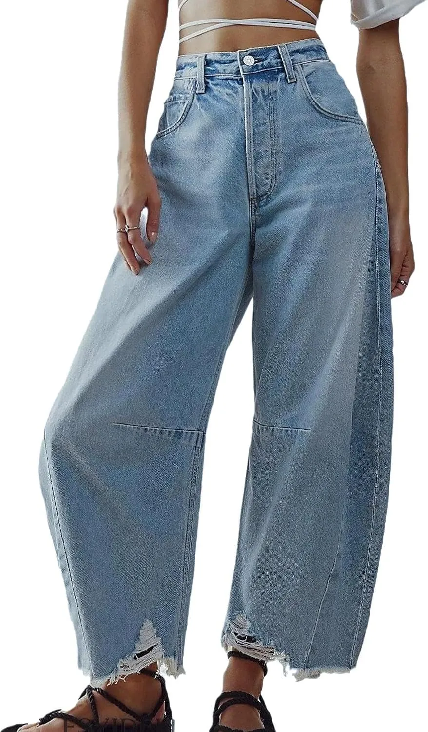 LifeShe Barrel Jeans for Women Mid Rise Wide Leg Denim Pants Baggy Boyfriend Raw Hem Trousers