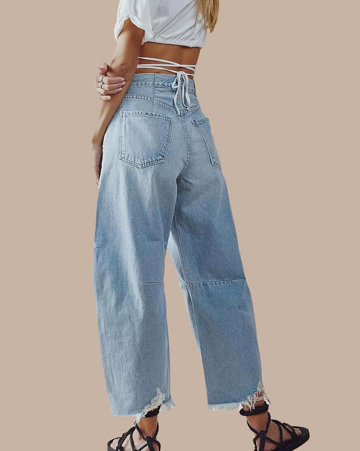 LifeShe Barrel Jeans for Women Mid Rise Wide Leg Denim Pants Baggy Boyfriend Raw Hem Trousers