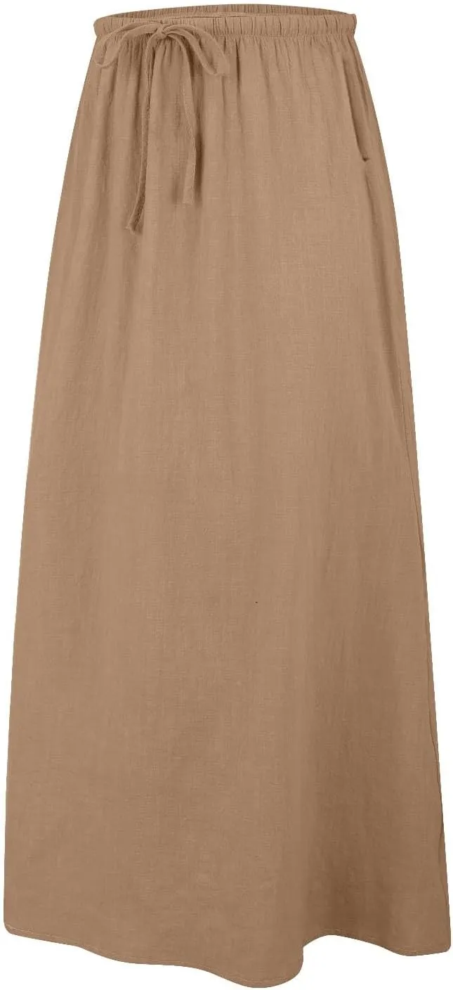 Linen Maxi Skirts for Women Trendy Summer Comfy Drawstring Waist A Line Skirts Cute Vacation Boho Long Flowy Skirts
