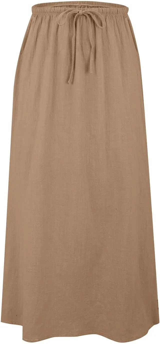 Linen Maxi Skirts for Women Trendy Summer Comfy Drawstring Waist A Line Skirts Cute Vacation Boho Long Flowy Skirts