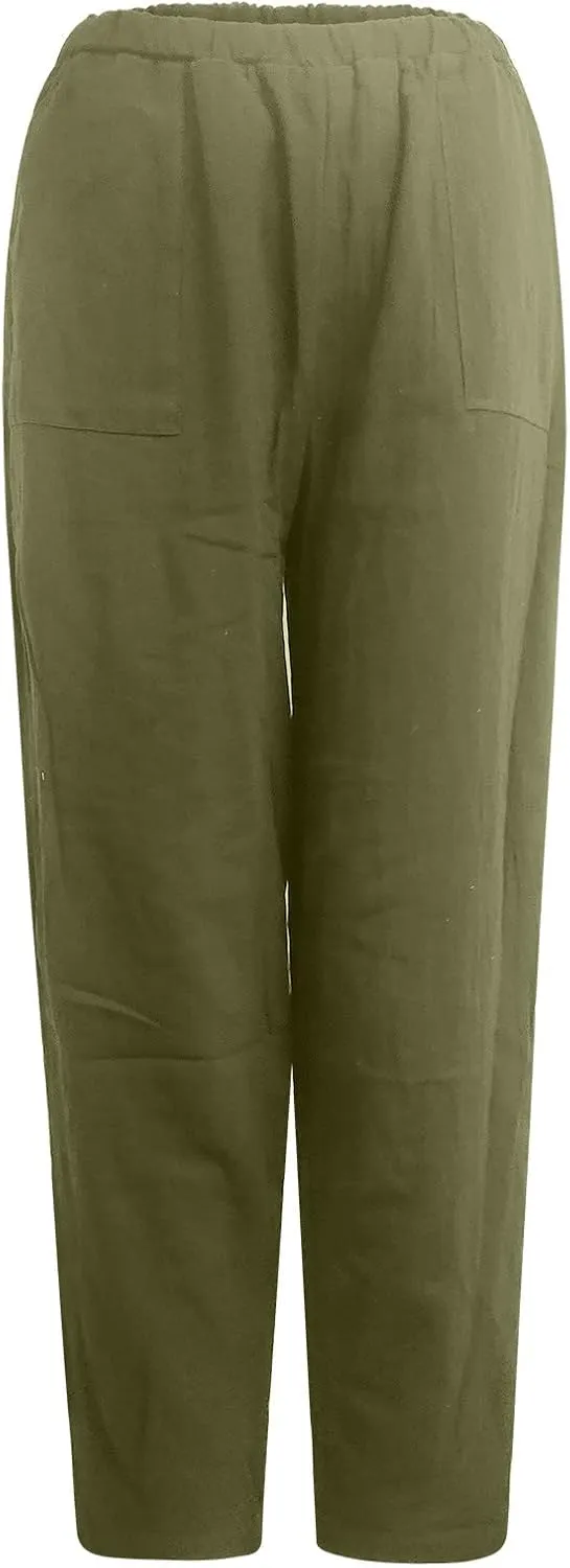 Linen Pants for Women Casual Summer Linen Pants Elastic Waist Pants Loose Tapered Pant Plus Size Trousers with Pocket